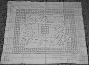 Emmeline Blanche Paine's hand embroidered table-cloth of theatrical autograph's